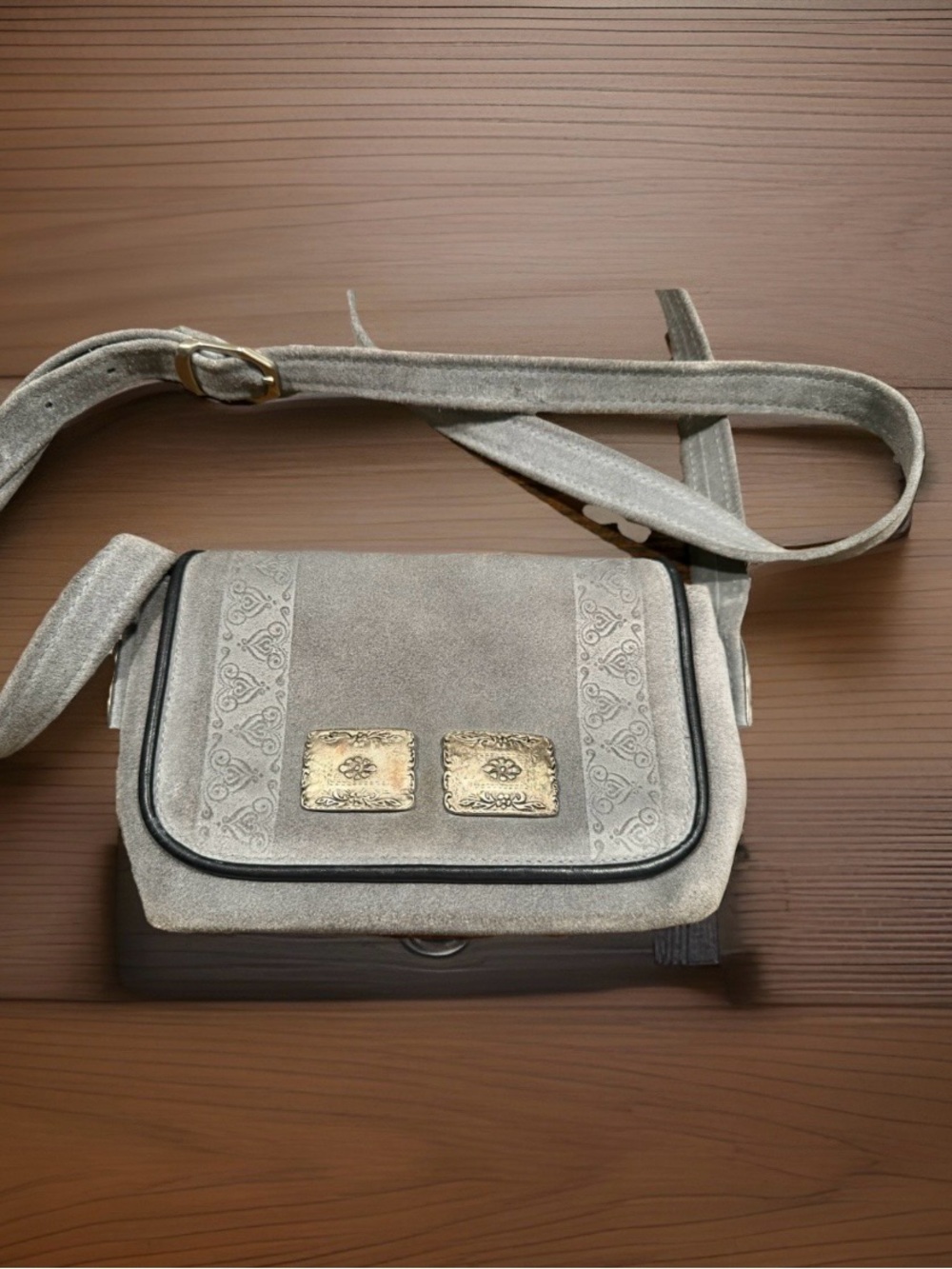 TM  vintage grey suede Crossbody Bag with silver Accents and embossed